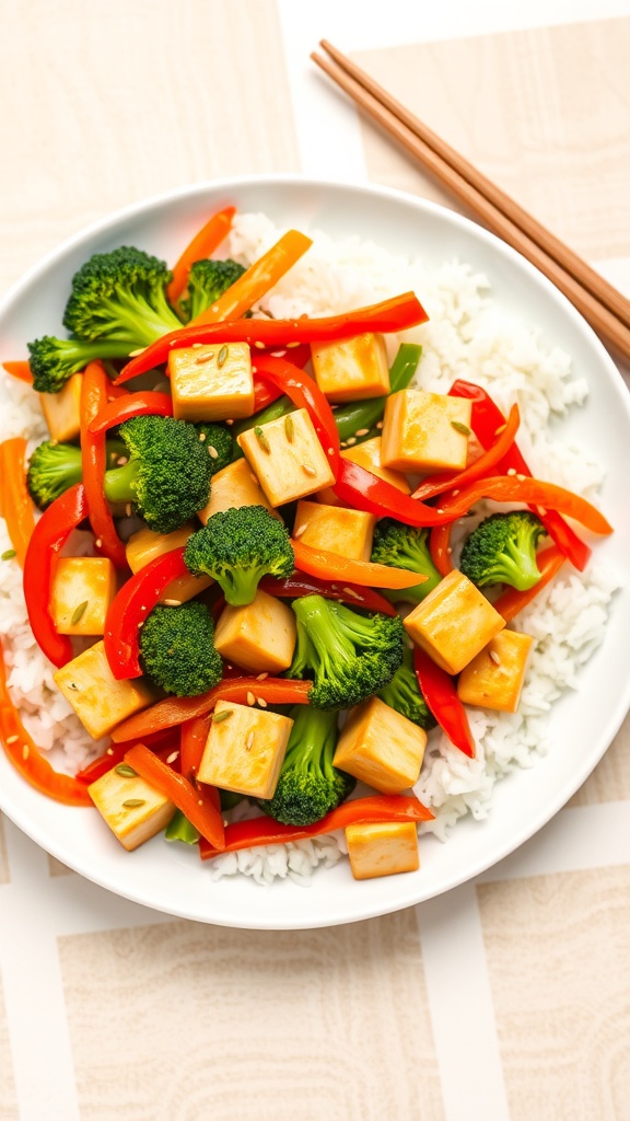 A vibrant vegetable stir-fry with tofu and rice, showcasing bell peppers, broccoli, and carrots, garnished with sesame seeds.